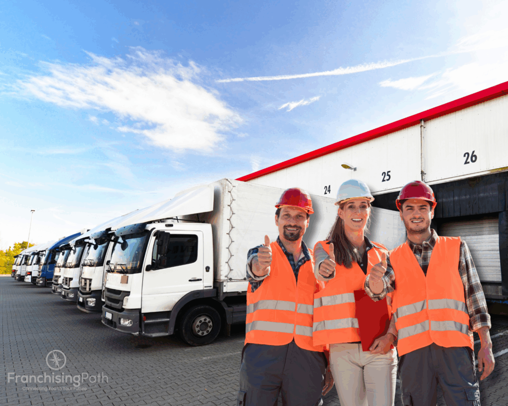 Logistics team in front of delivery trucks at warehouse