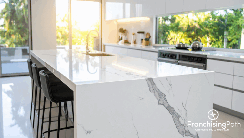 modern white kitchen countertop with sunlight through window