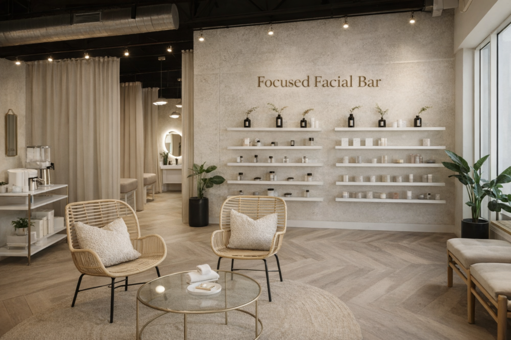 Modern skincare studio interior with facial treatment rooms and product display shelves